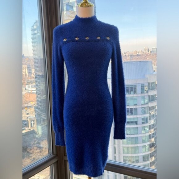 🆕 VERSACE JEANS COUTURE 🧿 NWOT Royal Blue Faux Fur Knit Dress, Buttons - Sz S - Picture 3 of 16